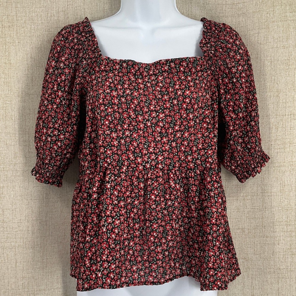 Loft Peplum Blouse Womens Small Red Black Dainty Floral Puff Sleeve Square Neck